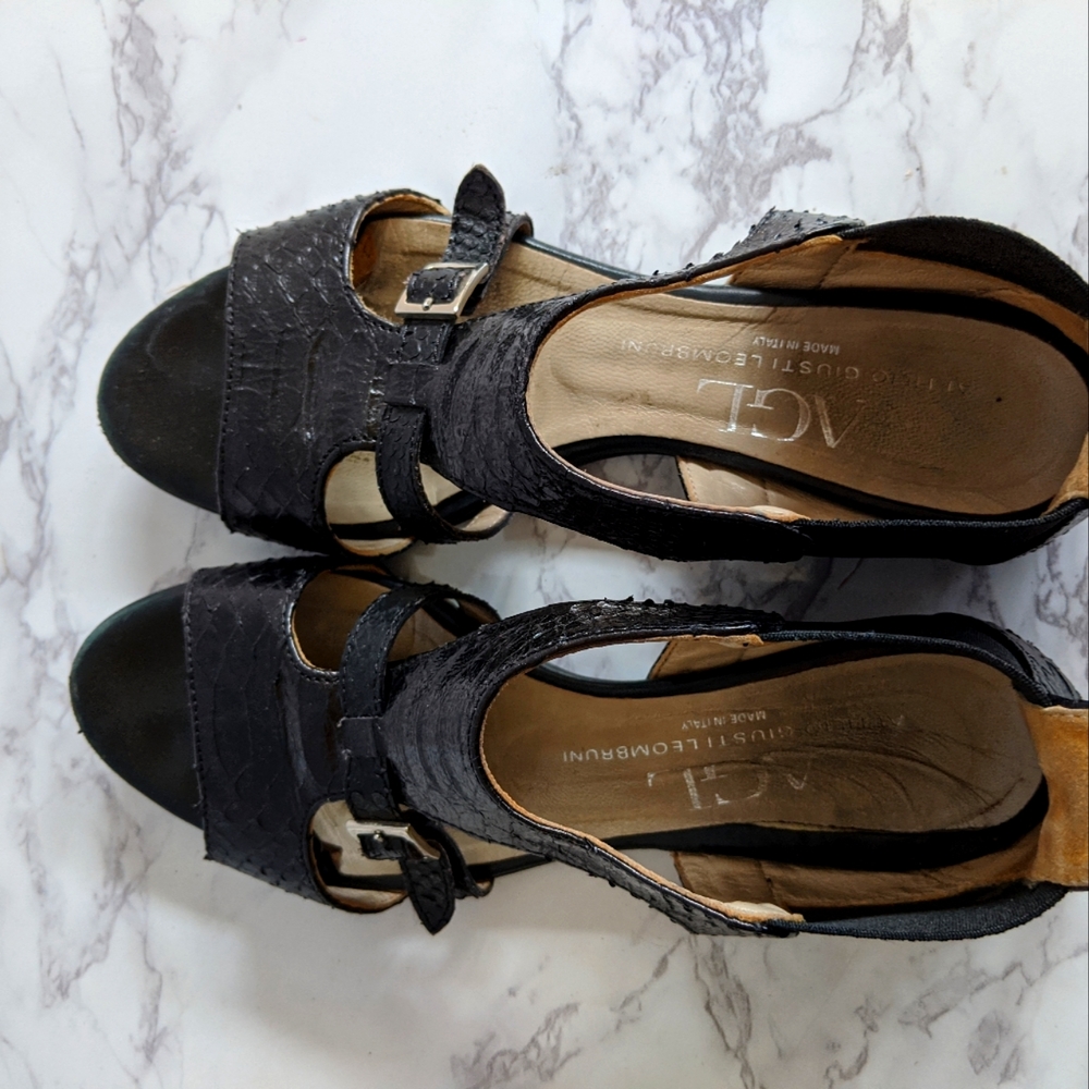 AGL Peep Toe Flat Buckle Black Croc Sandals.  Size 37.5